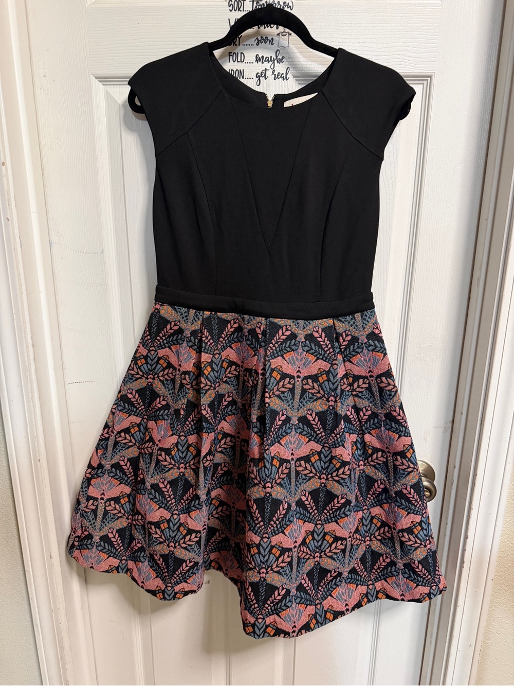 Black Bodice Midi Dress with Pink Patterned Skirt